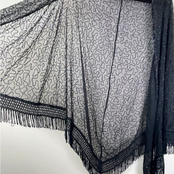 Scala Black Beaded Fringe Sheer Shawl Wrap Boho Jeweled Special Occasion Chic - Picture 5 of 11